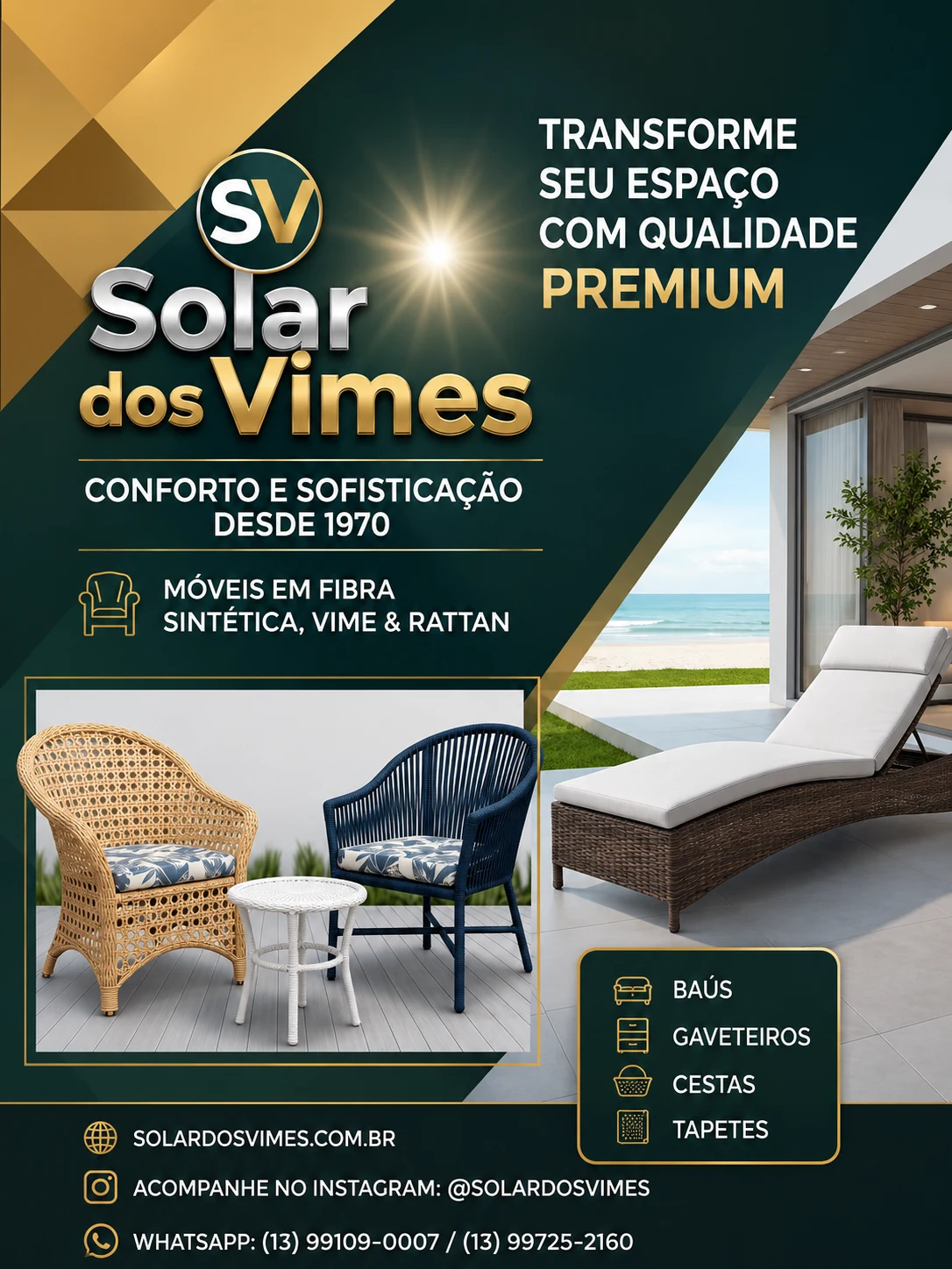 Sala de estar decorada com poltronas e chaise em vime da Solar dos Vimes